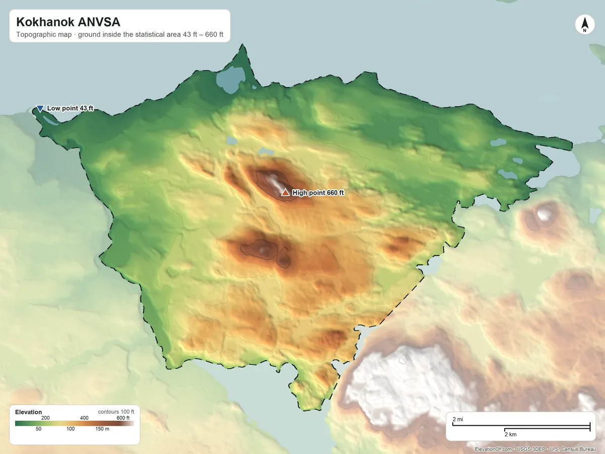 Topographic elevation map of Kokhanok ANVSA, Alaska, shaded from 43 ft on the northwest side to 660 ft near the middle