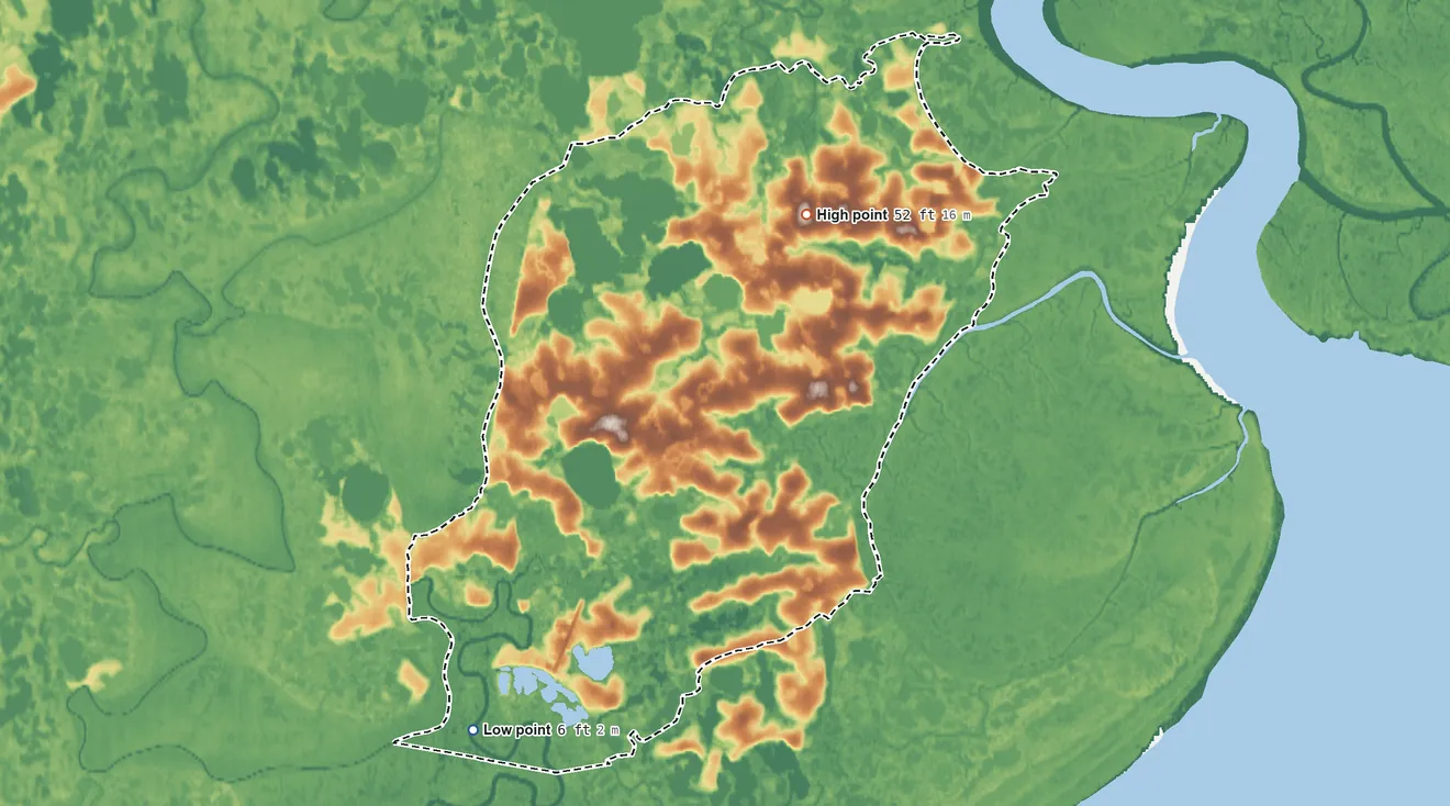 Topographic elevation map of Kongiganak ANVSA, Alaska, shaded from 6 ft on the southwest side to 52 ft on the northeast side