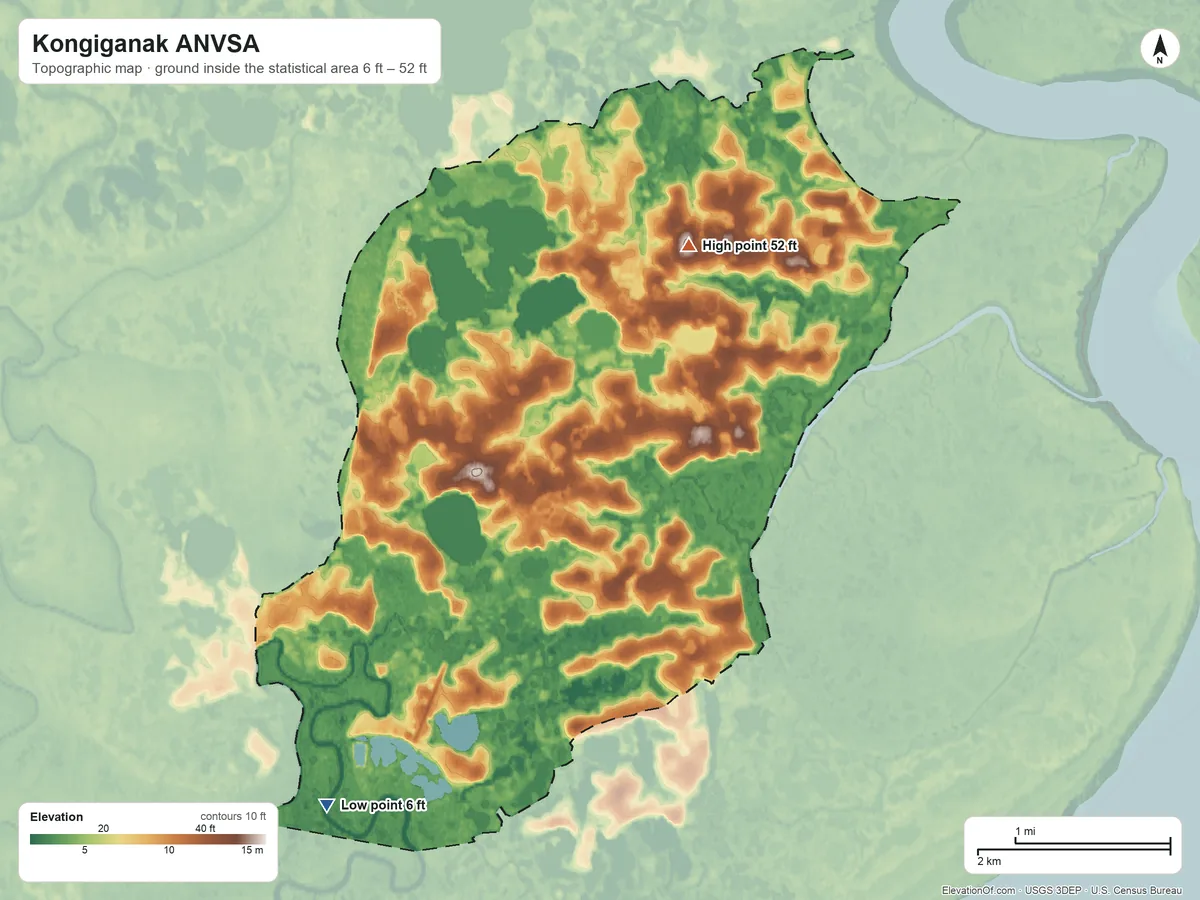 Topographic elevation map of Kongiganak ANVSA, Alaska, shaded from 6 ft on the southwest side to 52 ft on the northeast side