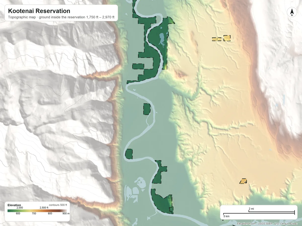 Topographic elevation map of Kootenai Reservation, Idaho, shaded from 1,750 ft on the north side to 2,970 ft on the east side