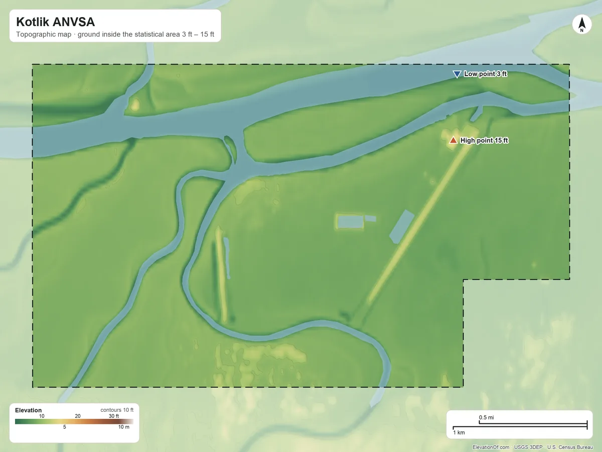 Topographic elevation map of Kotlik ANVSA, Alaska, shaded from 3 ft on the northeast side to 15 ft on the northeast side