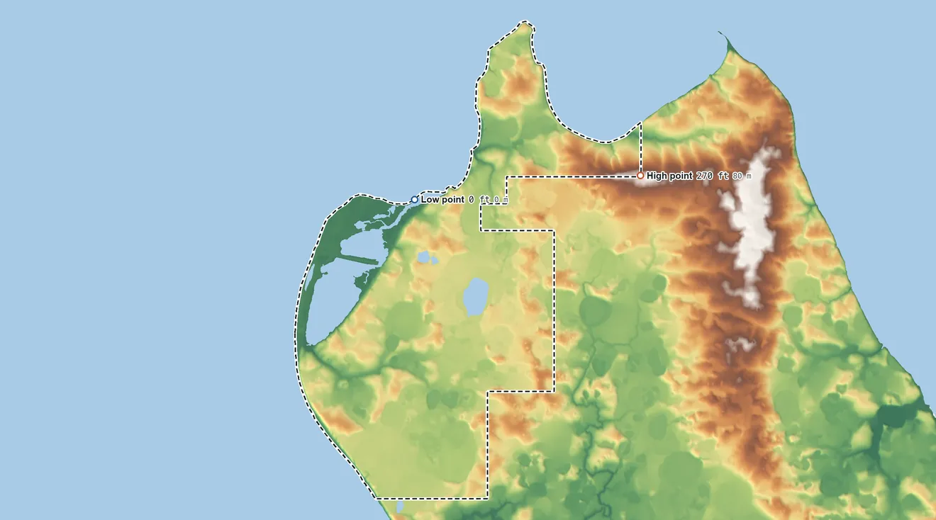 Topographic elevation map of Kotzebue ANVSA, Alaska, shaded from sea level on Kotzebue Sound to 270 ft on the northeast side