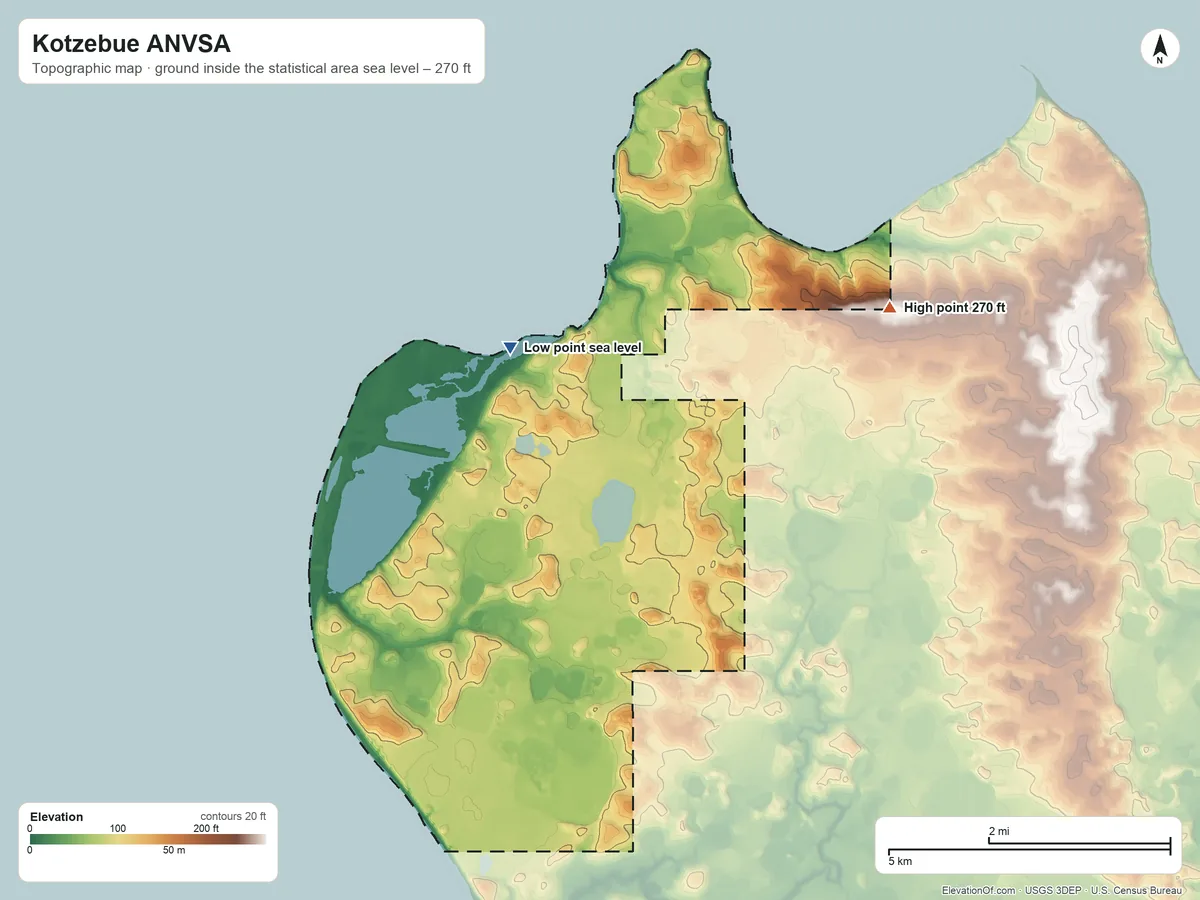 Topographic elevation map of Kotzebue ANVSA, Alaska, shaded from sea level on Kotzebue Sound to 270 ft on the northeast side