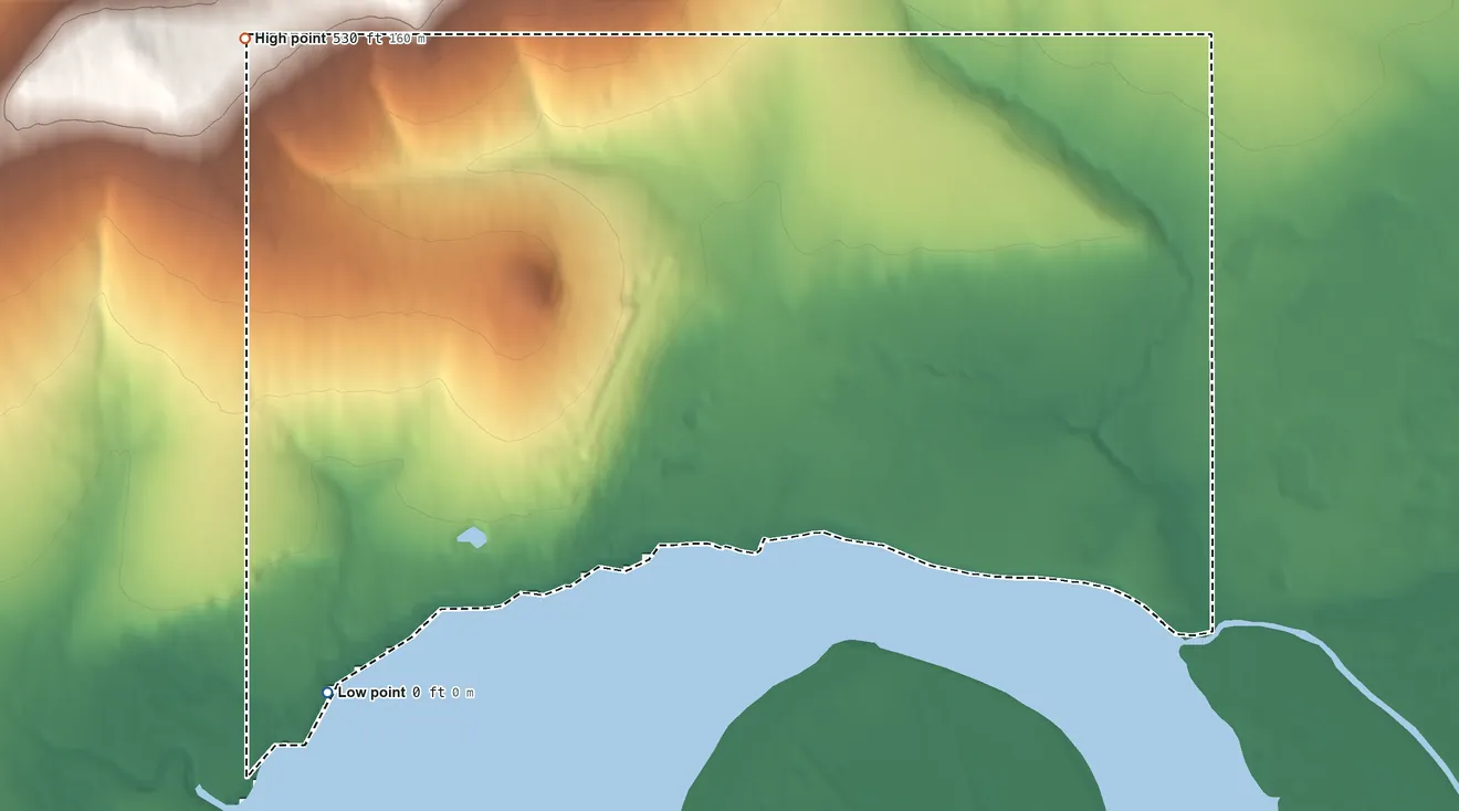 Topographic elevation map of Koyuk ANVSA, Alaska, shaded from 0 ft on the southwest side to 530 ft on the northwest side