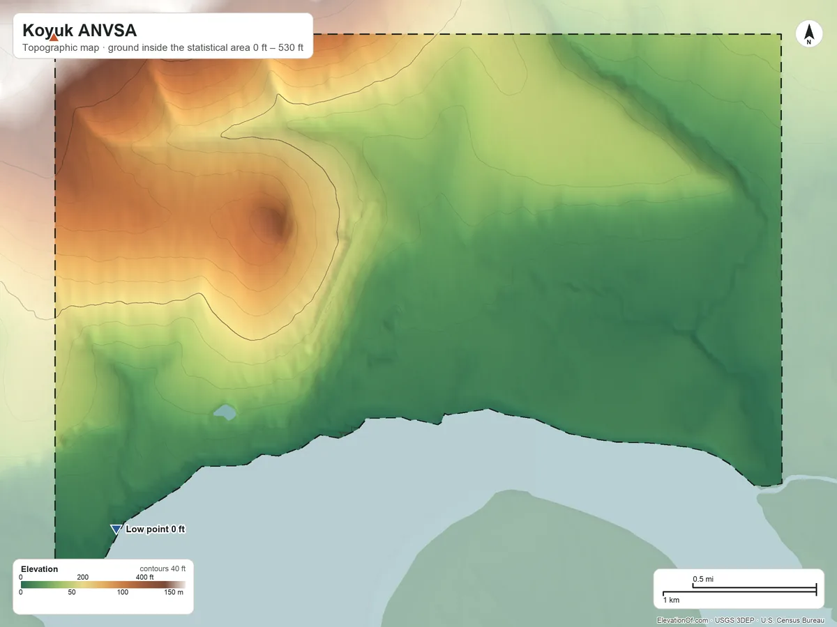 Topographic elevation map of Koyuk ANVSA, Alaska, shaded from 0 ft on the southwest side to 530 ft on the northwest side