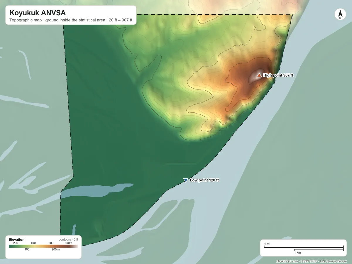 Topographic elevation map of Koyukuk ANVSA, Alaska, shaded from 120 ft on the south side to 907 ft on Koyukuk Mountain