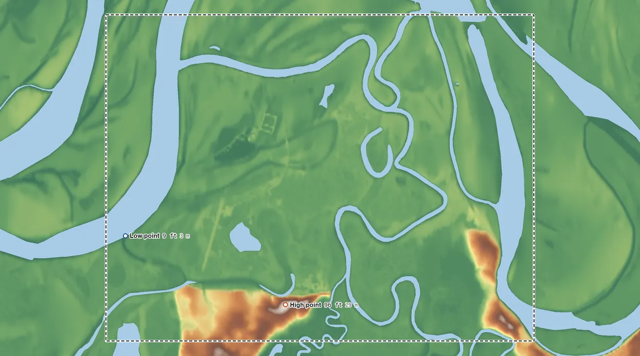 Topographic elevation map of Kwethluk ANVSA, Alaska, shaded from 9 ft on the west side to 96 ft on the south side