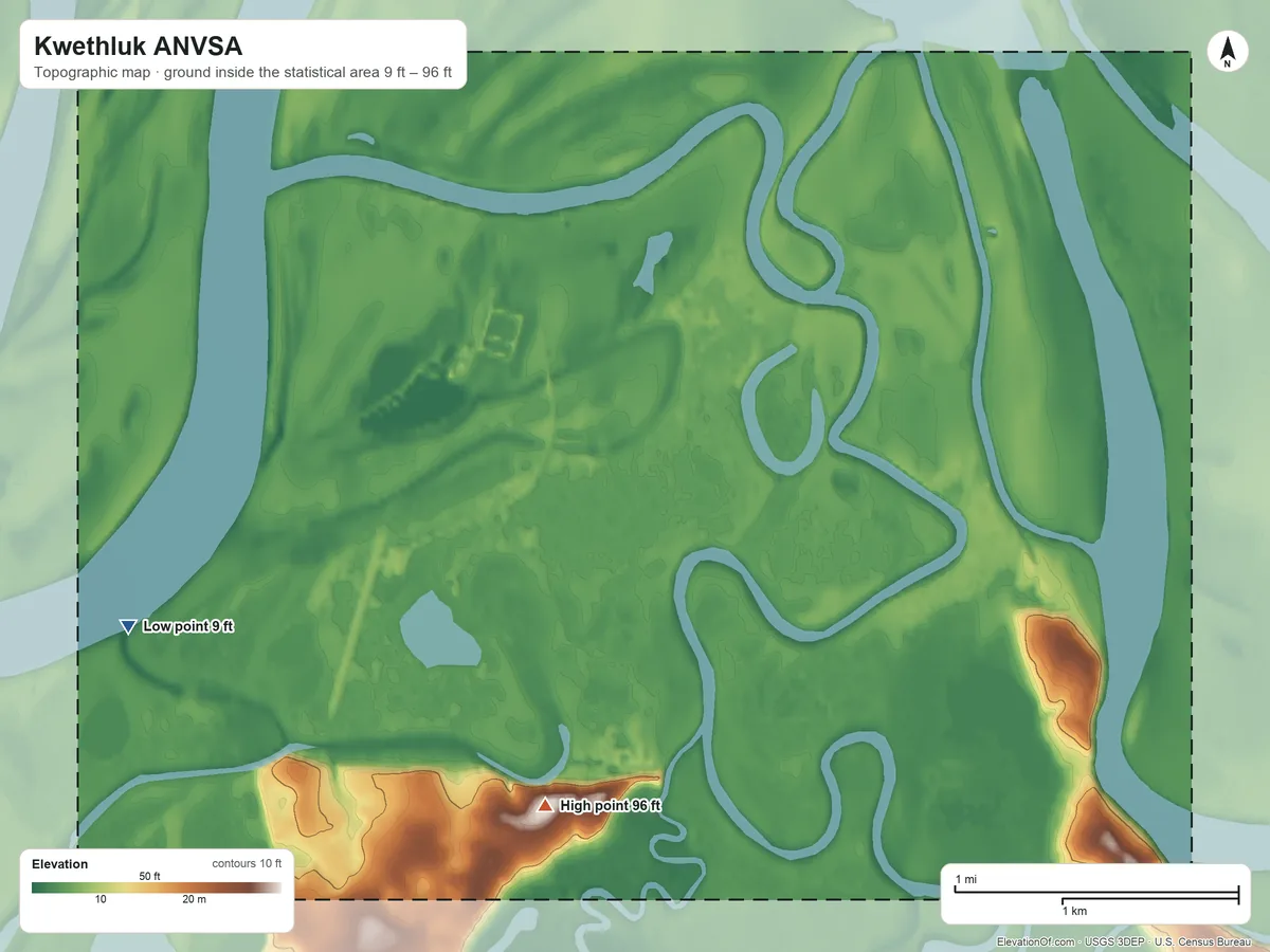 Topographic elevation map of Kwethluk ANVSA, Alaska, shaded from 9 ft on the west side to 96 ft on the south side