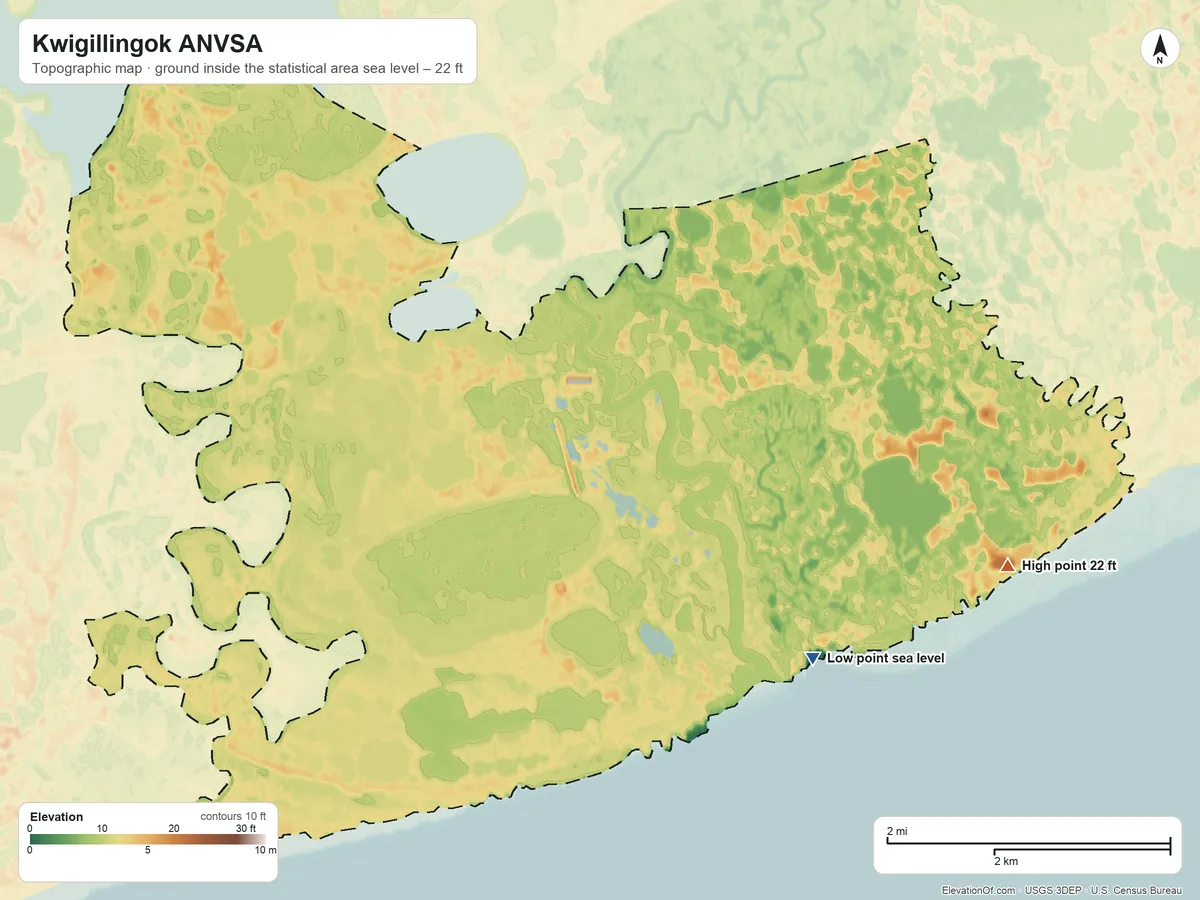 Topographic elevation map of Kwigillingok ANVSA, Alaska, shaded from sea level on Kuskokwim Bay to 22 ft on the east side