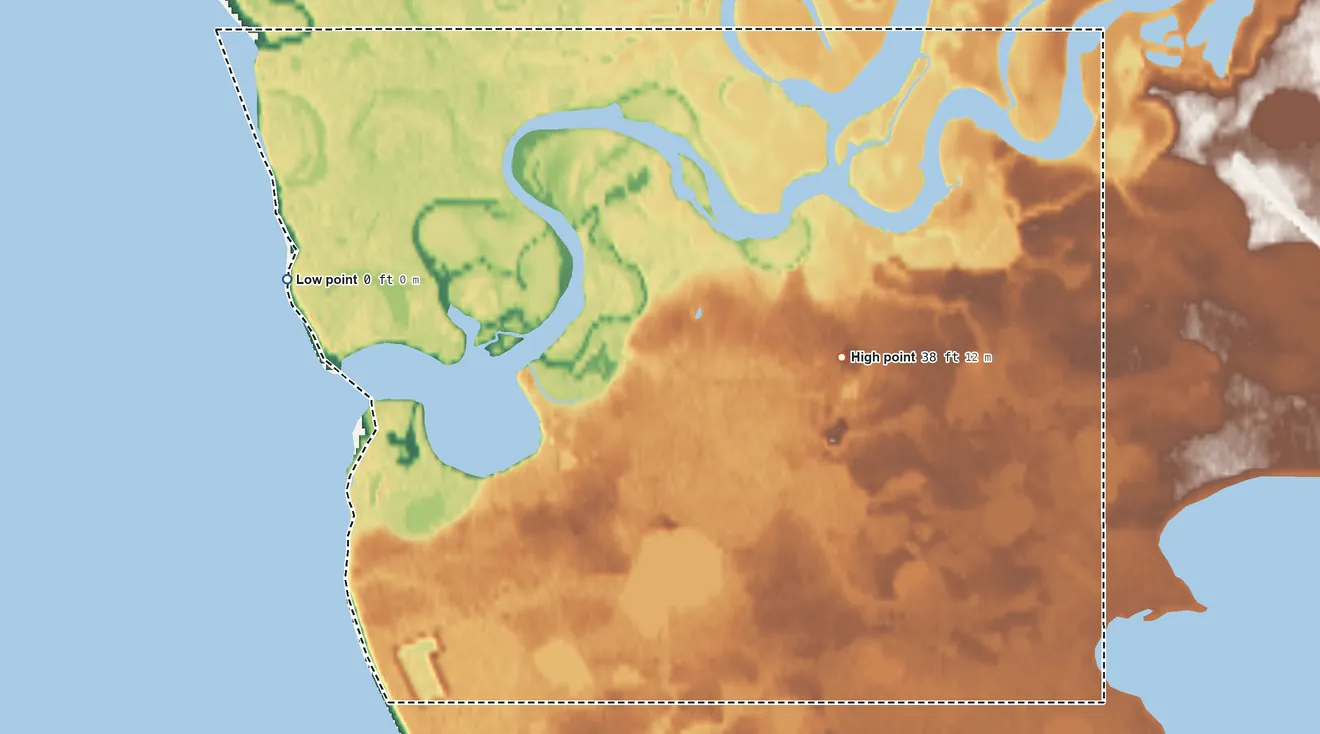 Topographic elevation map of Kwinhagak ANVSA, Alaska, shaded from sea level on Kuskokwim Bay to 38 ft on the east side