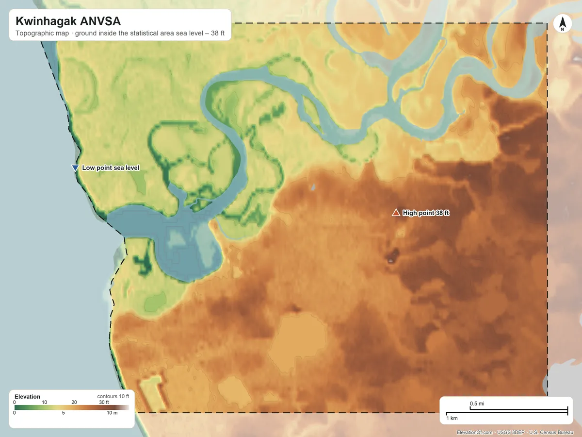 Topographic elevation map of Kwinhagak ANVSA, Alaska, shaded from sea level on Kuskokwim Bay to 38 ft on the east side