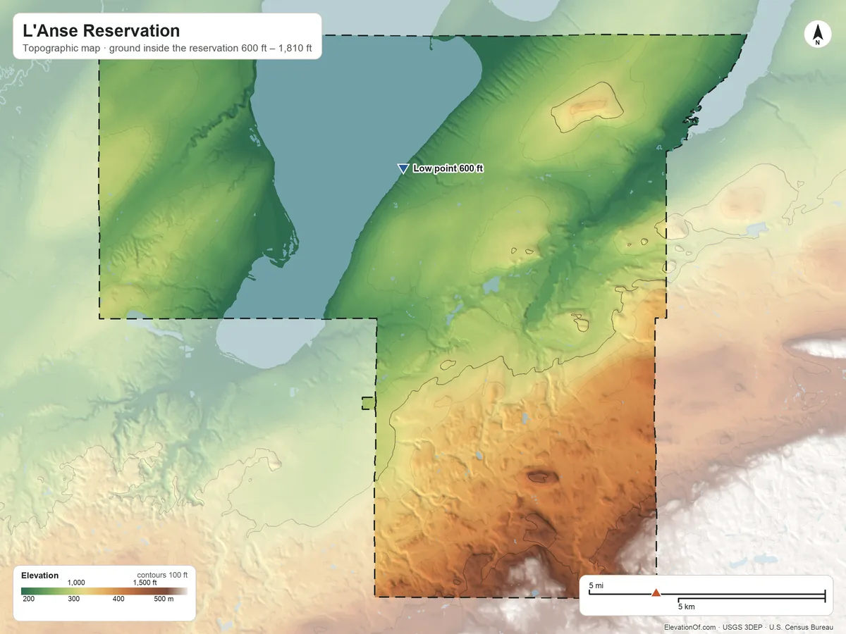 Topographic elevation map of L'Anse Reservation, Michigan, shaded from 600 ft on the north side to 1,810 ft on the southeast side
