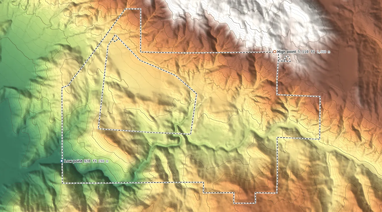 Topographic elevation map of La Jolla Reservation, California, shaded from 920 ft on the southwest side to 5,110 ft on the northeast side