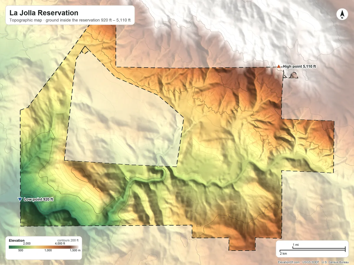 Topographic elevation map of La Jolla Reservation, California, shaded from 920 ft on the southwest side to 5,110 ft on the northeast side