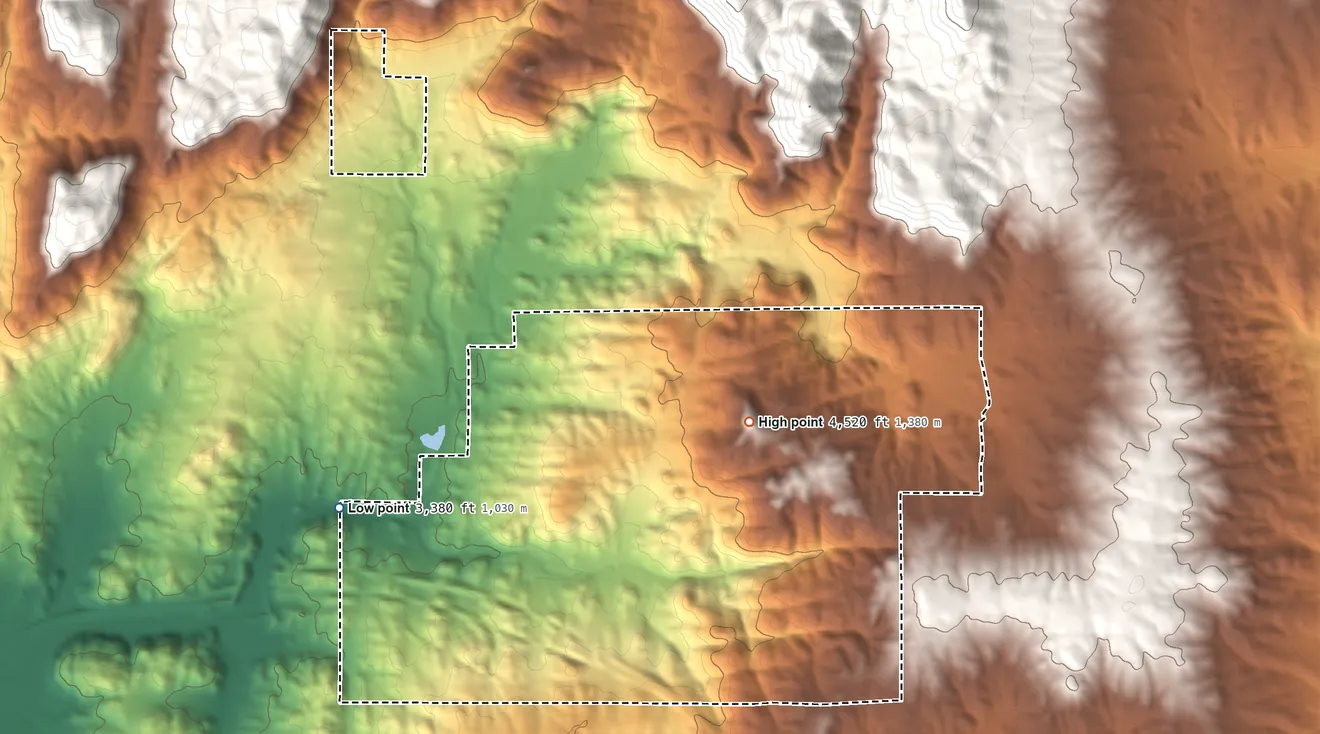 Topographic elevation map of La Posta Indian Reservation, California, shaded from 3,380 ft on the southwest side to 4,520 ft on the southeast side