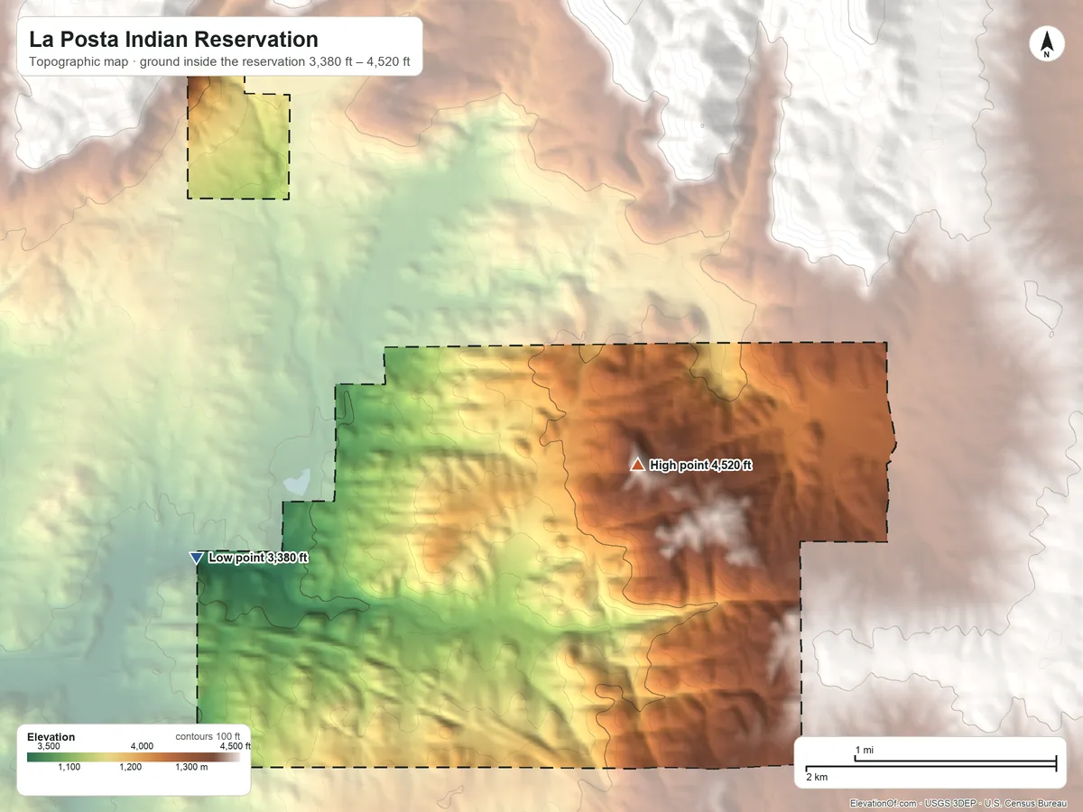 Topographic elevation map of La Posta Indian Reservation, California, shaded from 3,380 ft on the southwest side to 4,520 ft on the southeast side