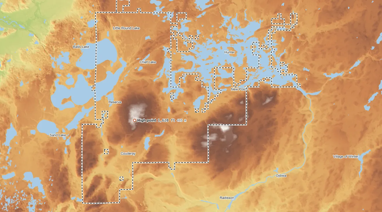 Topographic elevation map of Lac Courte Oreilles Reservation, Wisconsin, shaded from 970 ft on the west side to 1,620 ft on the west side