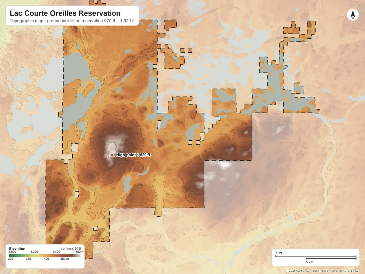 Topographic elevation map of Lac Courte Oreilles Reservation, Wisconsin, shaded from 970 ft on the west side to 1,620 ft on the west side
