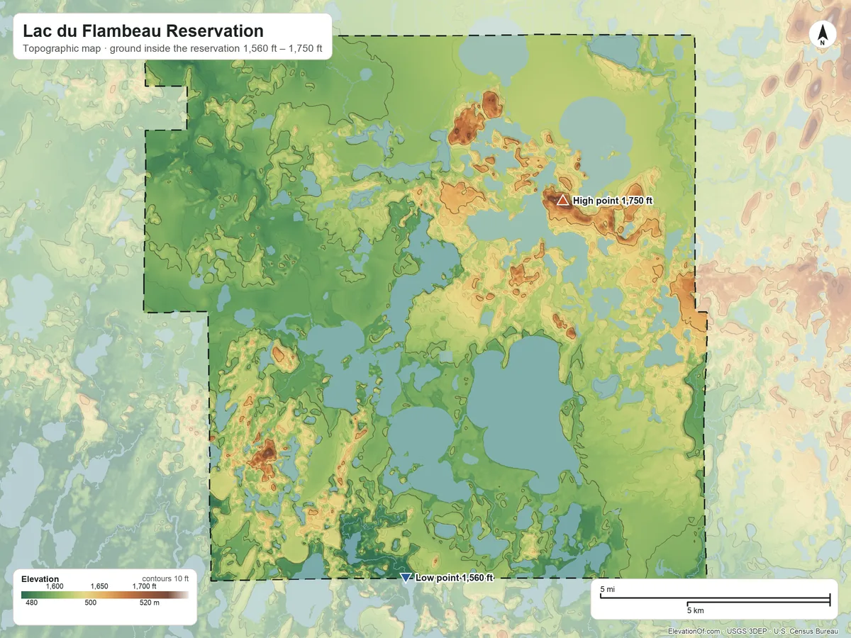 Topographic elevation map of Lac du Flambeau Reservation, Wisconsin, shaded from 1,560 ft on the south side to 1,750 ft on the northeast side