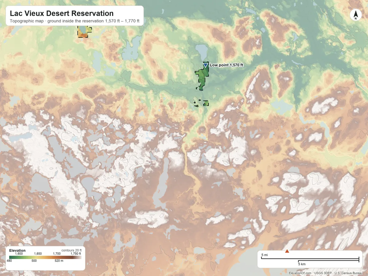Topographic elevation map of Lac Vieux Desert Reservation, Michigan, shaded from 1,570 ft on the north side to 1,770 ft on the southeast side