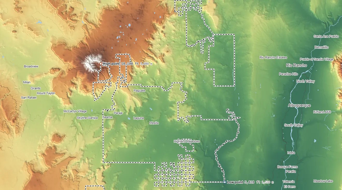 Topographic elevation map of Laguna Pueblo, New Mexico, shaded from 5,020 ft on the southeast side to 10,100 ft on the northwest side