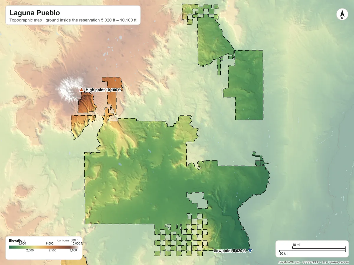 Topographic elevation map of Laguna Pueblo, New Mexico, shaded from 5,020 ft on the southeast side to 10,100 ft on the northwest side