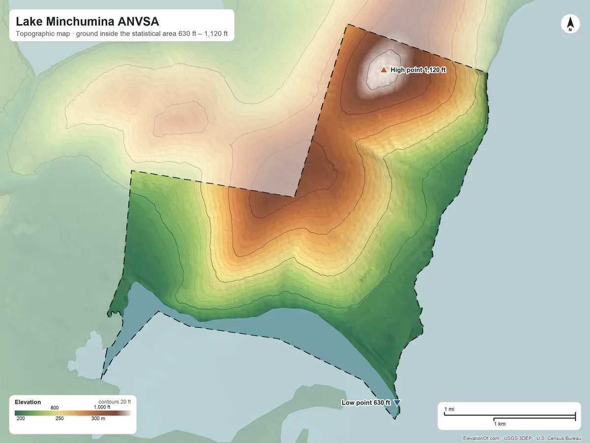 Topographic elevation map of Lake Minchumina ANVSA, Alaska, shaded from 630 ft on the southeast side to 1,120 ft on the northeast side