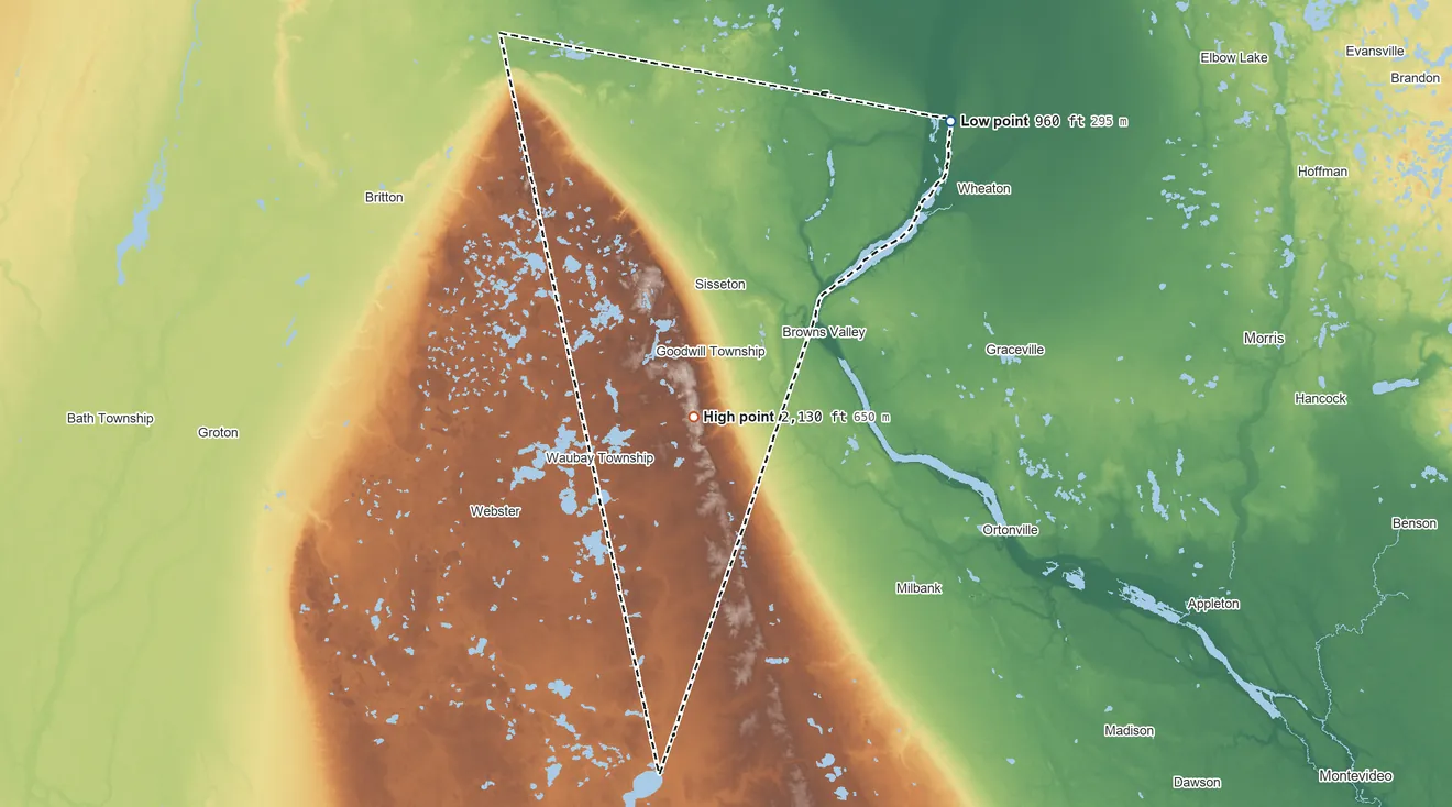 Topographic elevation map of Lake Traverse Reservation, South Dakota, shaded from 960 ft on the northeast side to 2,130 ft near the middle