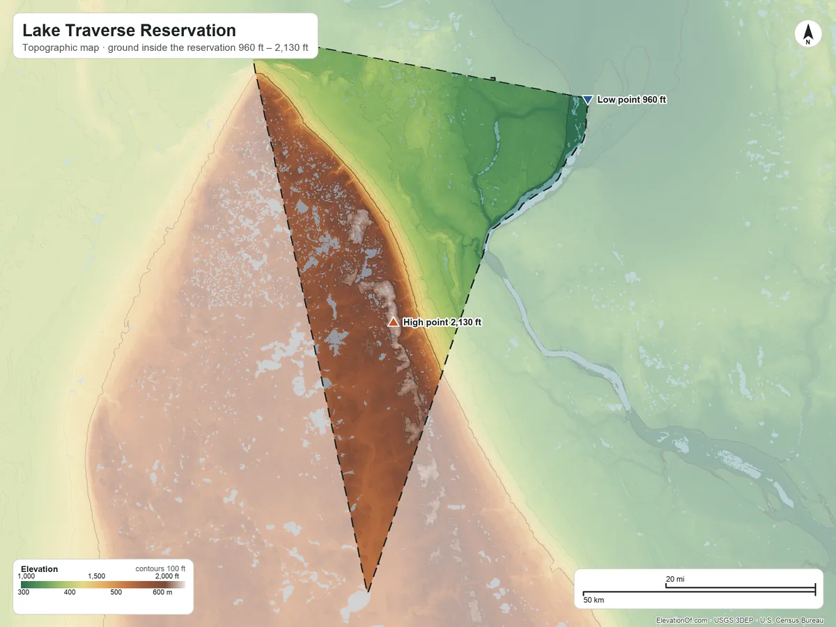 Topographic elevation map of Lake Traverse Reservation, South Dakota, shaded from 960 ft on the northeast side to 2,130 ft near the middle