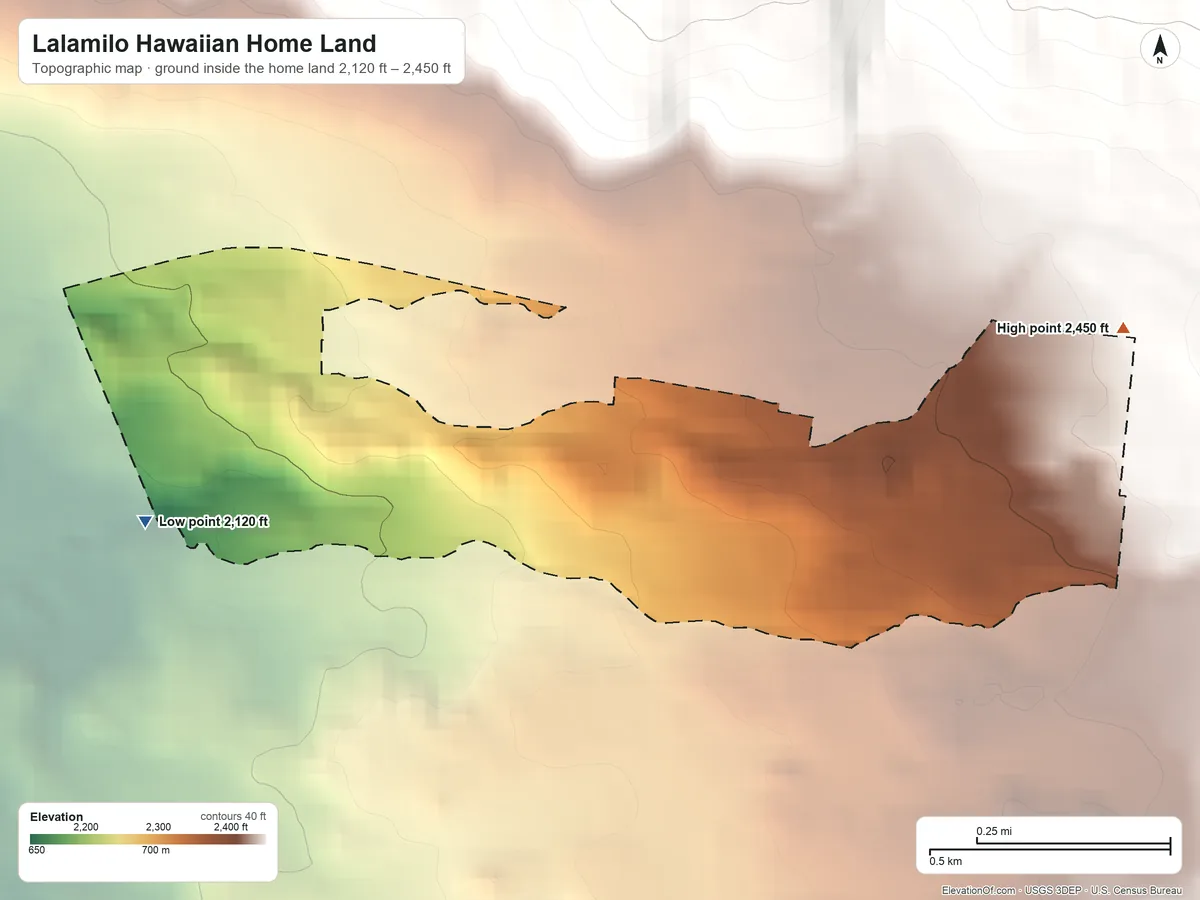 Topographic elevation map of Lalamilo Hawaiian Home Land, Hawaii, shaded from 2,120 ft on the west side to 2,450 ft on the east side