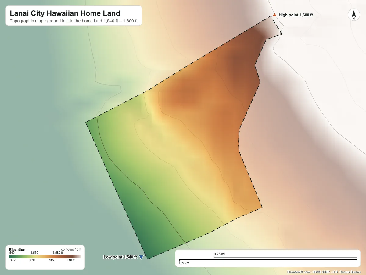 Topographic elevation map of Lanai City Hawaiian Home Land, Hawaii, shaded from 1,540 ft on the south side to 1,600 ft on the northeast side