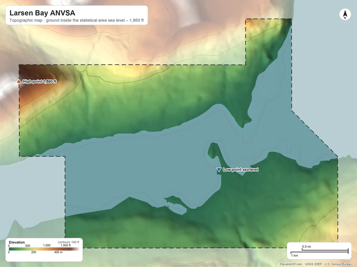 Topographic elevation map of Larsen Bay ANVSA, Alaska, shaded from sea level on Larsen Bay to 1,860 ft on the west side