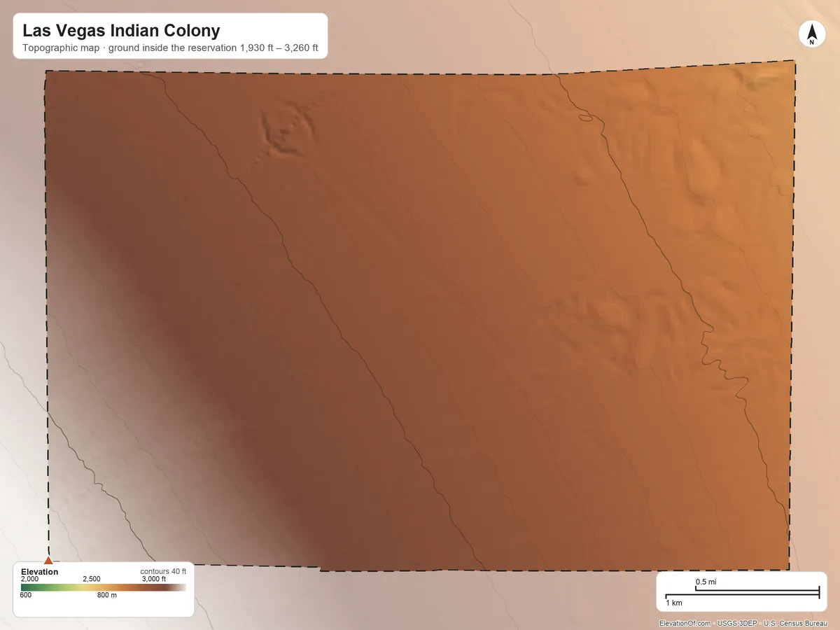 Topographic elevation map of Las Vegas Indian Colony, Nevada, shaded from 1,930 ft on the southeast side to 3,260 ft on the southwest side