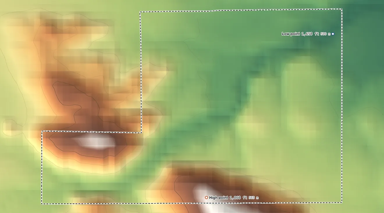 Topographic elevation map of Laytonville Rancheria, California, shaded from 1,650 ft on the northeast side to 1,860 ft on the south side