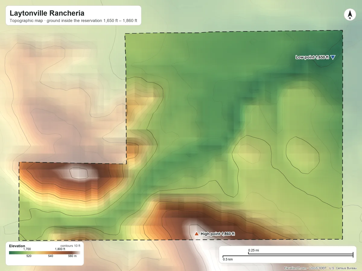 Topographic elevation map of Laytonville Rancheria, California, shaded from 1,650 ft on the northeast side to 1,860 ft on the south side