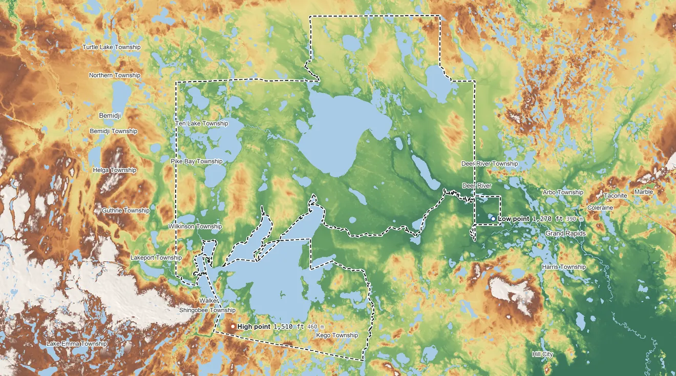 Topographic elevation map of Leech Lake Reservation, Minnesota, shaded from 1,270 ft on the east side to 1,510 ft on the southwest side