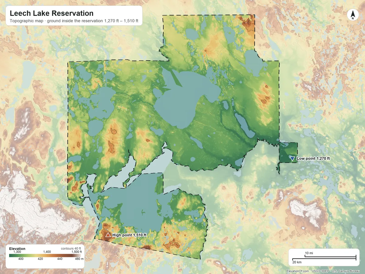 Topographic elevation map of Leech Lake Reservation, Minnesota, shaded from 1,270 ft on the east side to 1,510 ft on the southwest side
