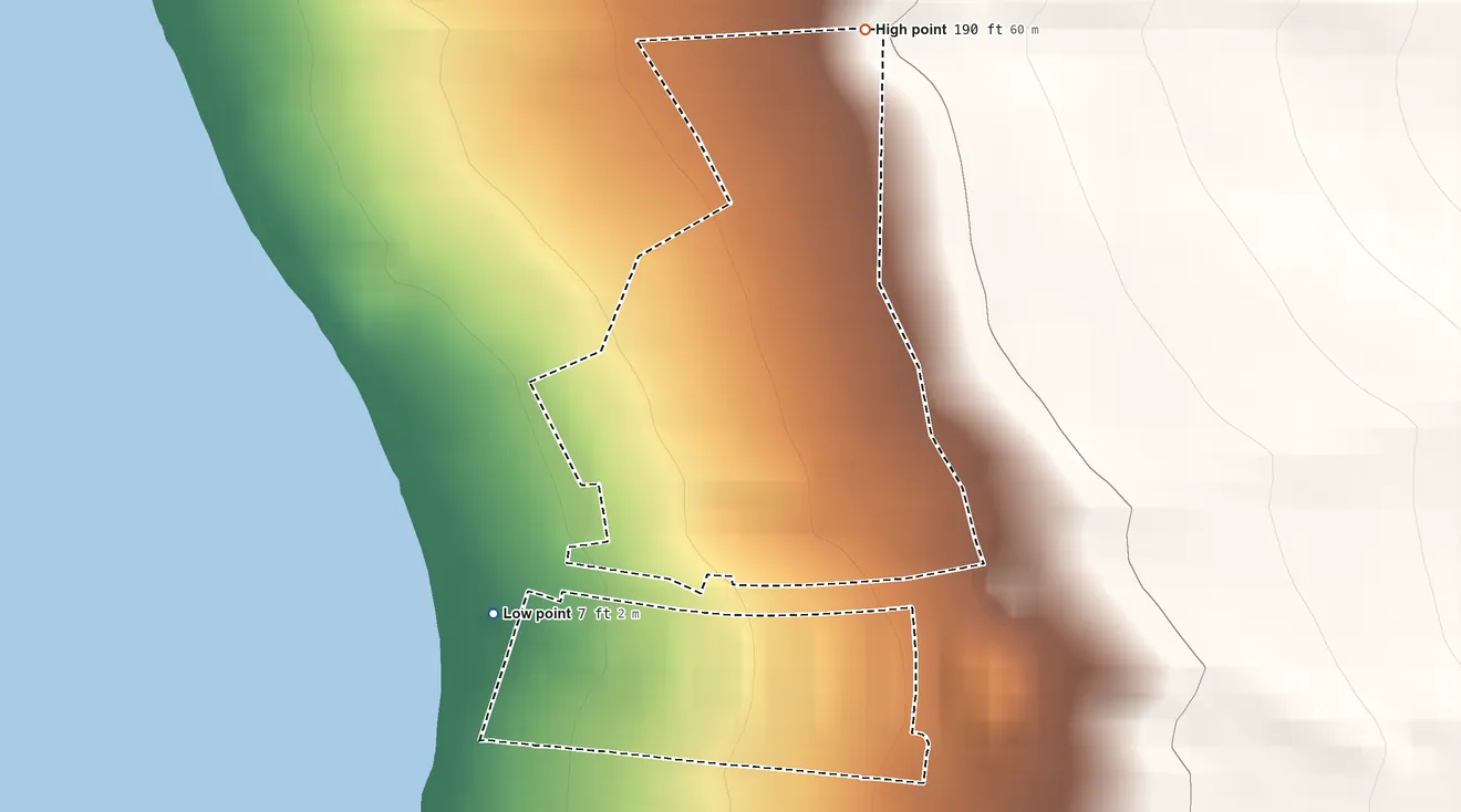 Topographic elevation map of Leialii Hawaiian Home Land, Hawaii, shaded from 7 ft on the southwest side to 190 ft on the north side