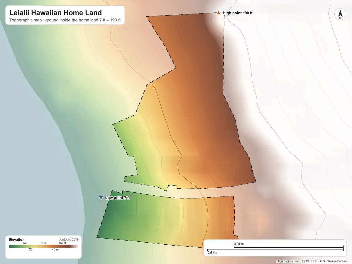 Topographic elevation map of Leialii Hawaiian Home Land, Hawaii, shaded from 7 ft on the southwest side to 190 ft on the north side
