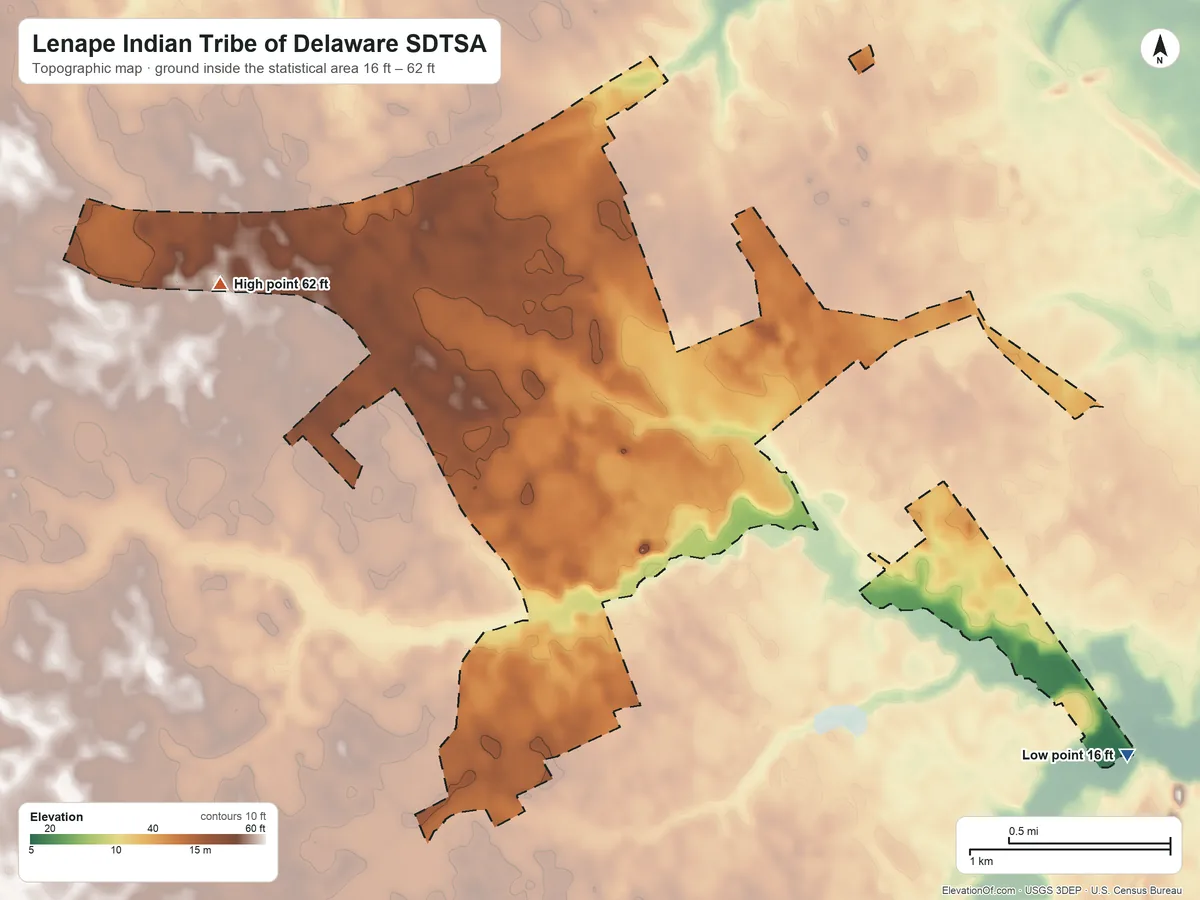 Topographic elevation map of Lenape Indian Tribe of Delaware SDTSA, Delaware, shaded from 16 ft on the southeast side to 62 ft on the northwest side