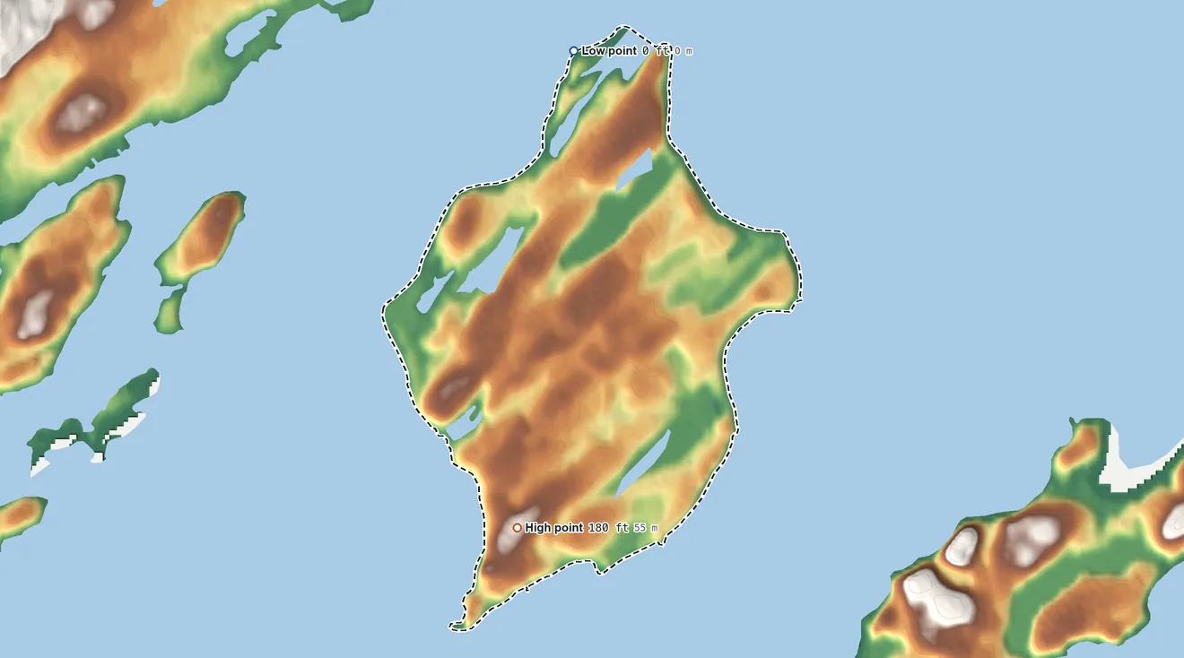 Topographic elevation map of Lesnoi ANVSA, Alaska, shaded from sea level on the Woody Island Channel to 180 ft on the south side