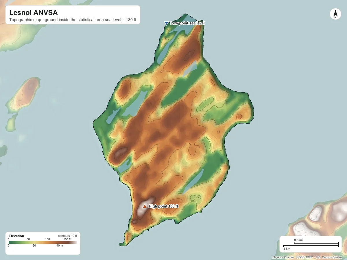 Topographic elevation map of Lesnoi ANVSA, Alaska, shaded from sea level on the Woody Island Channel to 180 ft on the south side