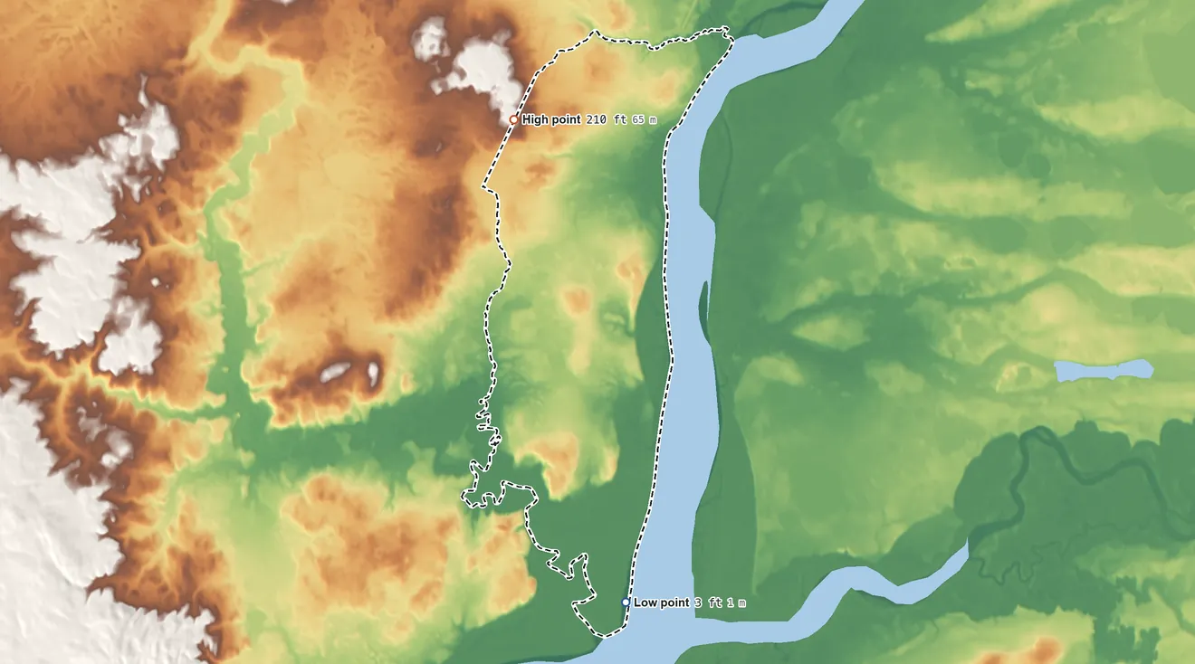 Topographic elevation map of Levelock ANVSA, Alaska, shaded from 3 ft on the south side to 210 ft on the north side