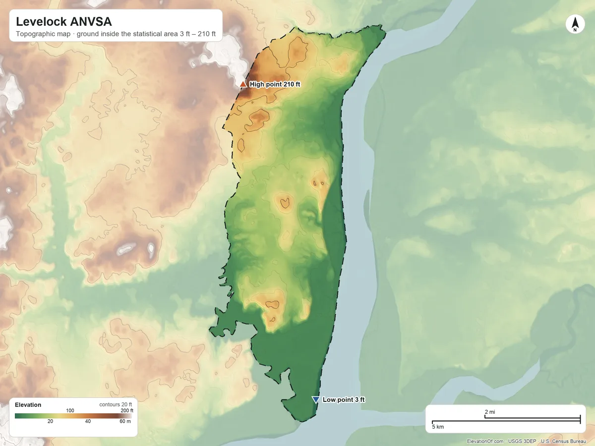 Topographic elevation map of Levelock ANVSA, Alaska, shaded from 3 ft on the south side to 210 ft on the north side