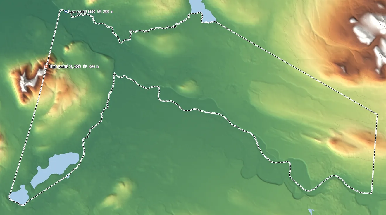 Topographic elevation map of Lime Village ANVSA, Alaska, shaded from 500 ft on the northwest side to 2,200 ft on the west side