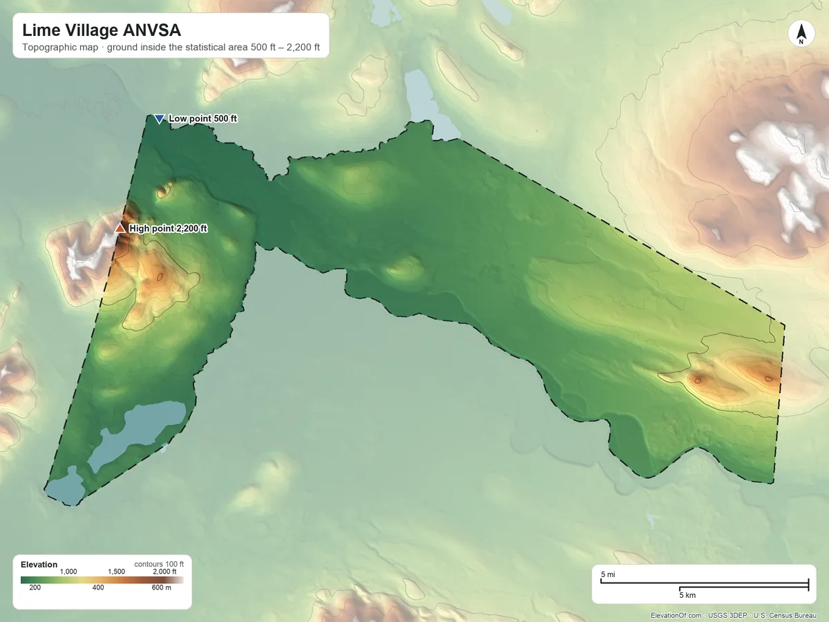 Topographic elevation map of Lime Village ANVSA, Alaska, shaded from 500 ft on the northwest side to 2,200 ft on the west side