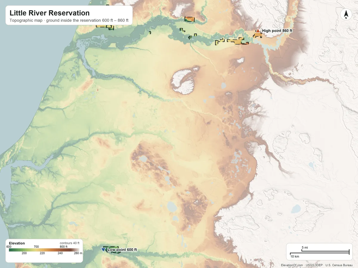 Topographic elevation map of Little River Reservation, Michigan, shaded from 600 ft on the southwest side to 860 ft on the northeast side
