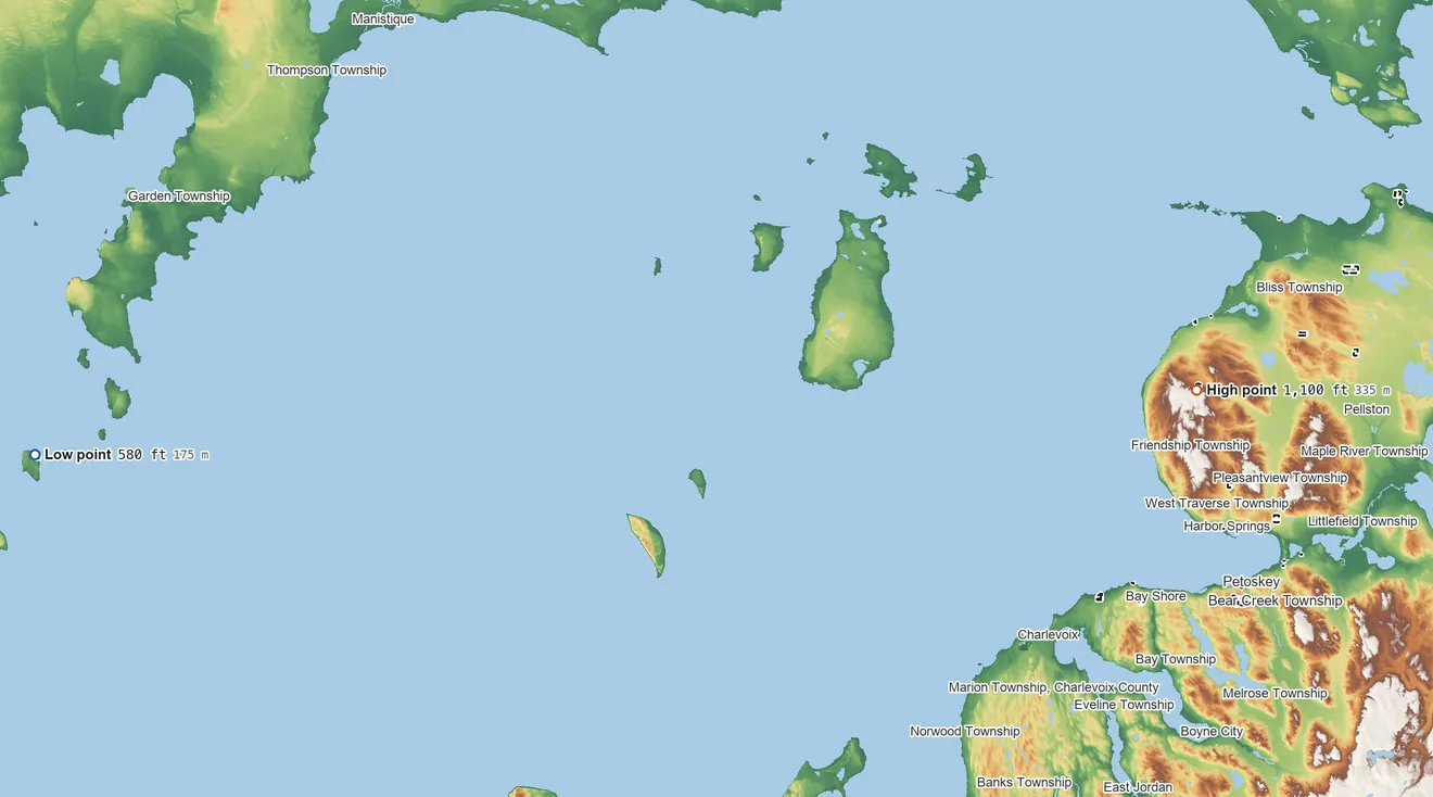 Topographic elevation map of Little Traverse Bay Reservation, Michigan, shaded from 580 ft on the west side to 1,100 ft on the east side