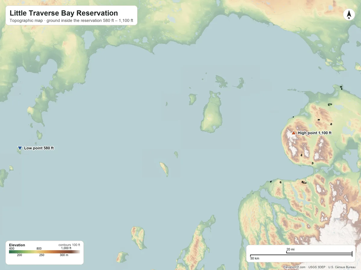 Topographic elevation map of Little Traverse Bay Reservation, Michigan, shaded from 580 ft on the west side to 1,100 ft on the east side