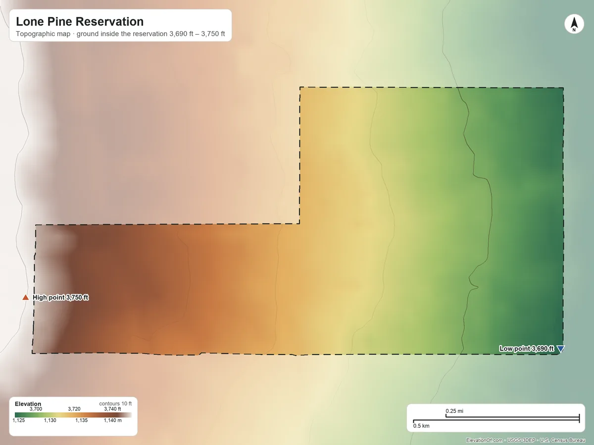 Topographic elevation map of Lone Pine Reservation, California, shaded from 3,690 ft on the southeast side to 3,750 ft on the west side